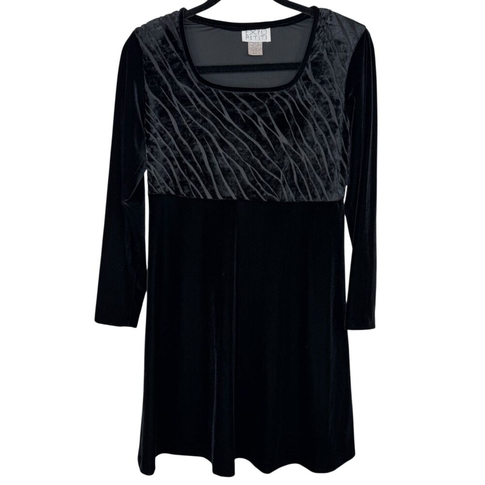 Vintage Expo Petite Black velvet A line baby doll long sleeve Dress Size 6